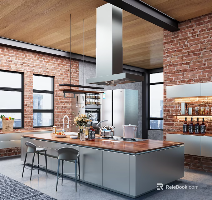 Industrial Modern Kitchen Interior With Brick Wall Wooden Ceiling And Island Bar Stools 3d model 