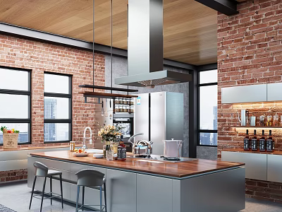 Industrial Modern Kitchen Interior With Brick Wall Wooden Ceiling And Island Bar Stools 3d model