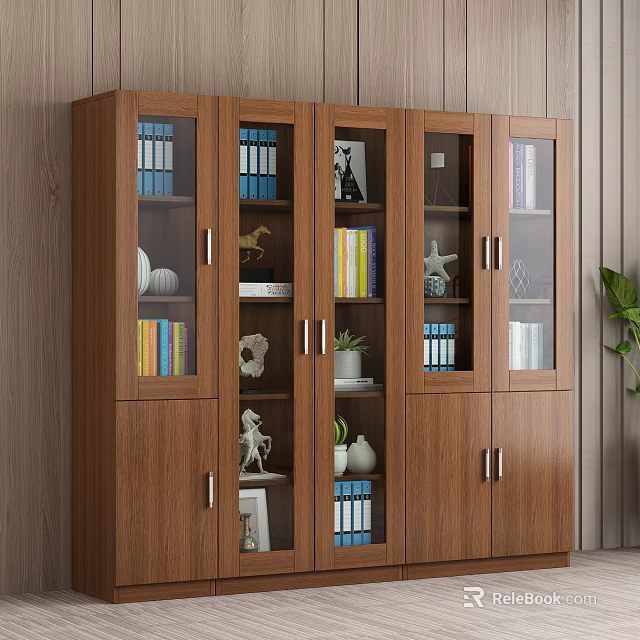 Wooden Bookcase With Glass Doors Featuring Books Decorative Sculptures And Plants In Living Room 3d model 