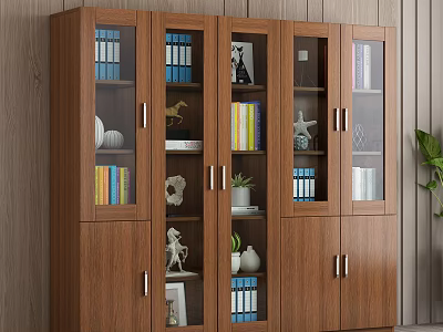 Wooden Bookcase With Glass Doors Featuring Books Decorative Sculptures And Plants In Living Room 3d model