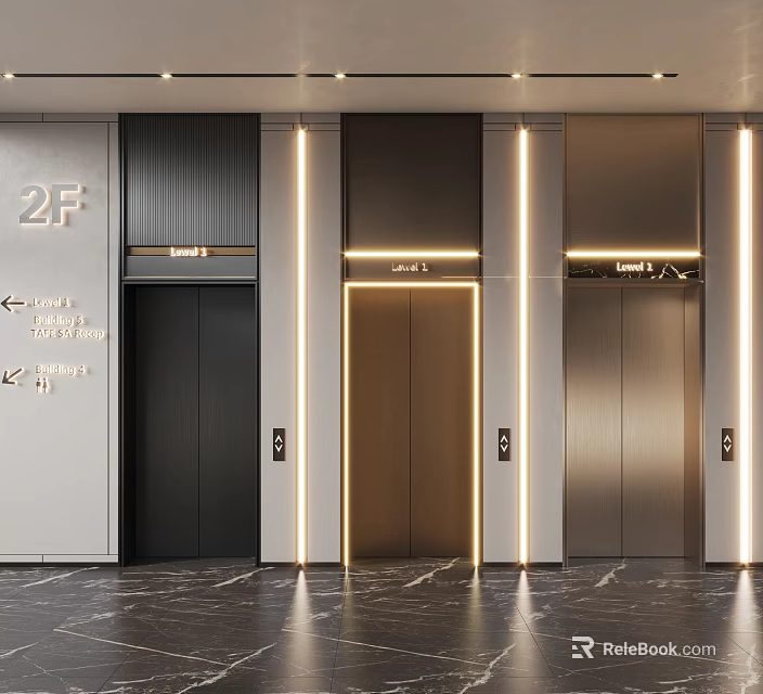 Modern Elevator Lobby Design With 2F Indicators Lighting Strips And Marble Flooring 3d model 