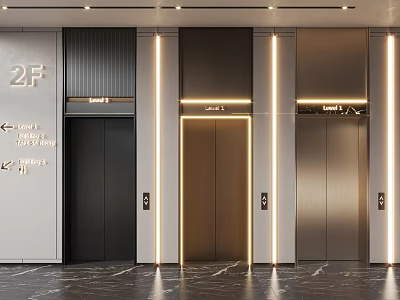 Modern Elevator Lobby Design With 2F Indicators Lighting Strips And Marble Flooring 3d model