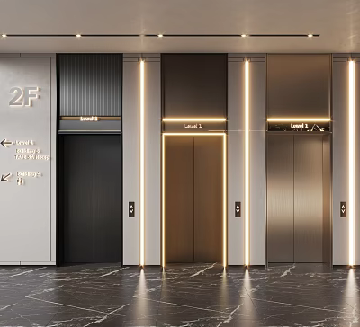 Modern Elevator Lobby Design With 2F Indicators Lighting Strips And Marble Flooring 3d model