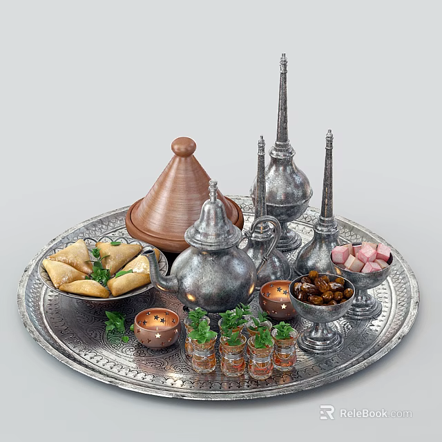 Traditional Food Platter on Silver Tray with Tajine Pot Triangular Pastries Dried Fruits and Glasses 3d model 