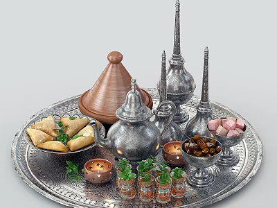 Traditional Food Platter on Silver Tray with Tajine Pot Triangular Pastries Dried Fruits and Glasses 3d model