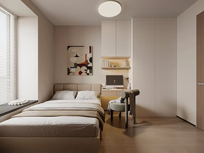 Tatami Bedroom Modern Interior With Tatami Bed Desk Chair Decorative Painting Storage Cabinets And Blinds 3d model