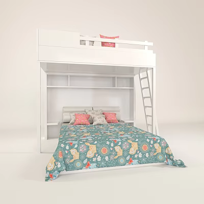 White Bunk Bed With Ladder Shelves And Colorful Bedspread Pillows 3d model