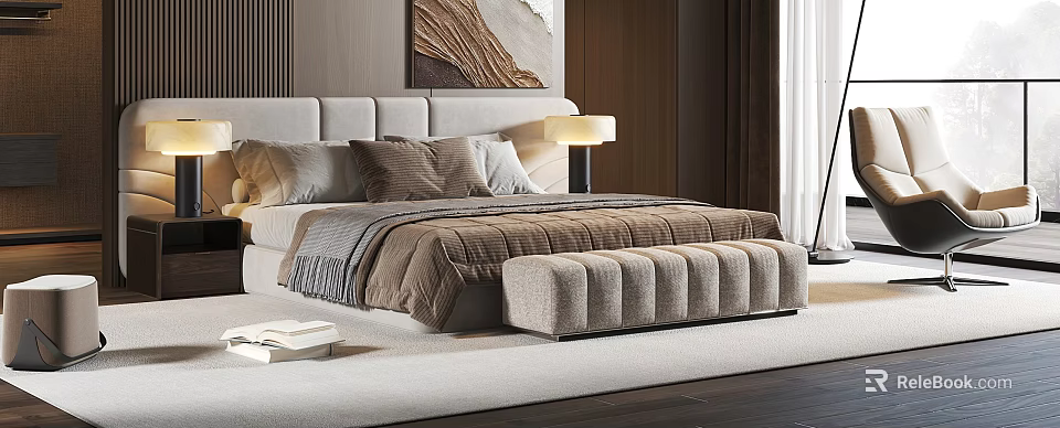 Cozy Modern Bedroom With Bed Pillows Quilt Bedside Lamp Wooden Wall Bench And Light Carpet 3d model 