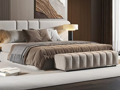 Cozy Modern Bedroom With Bed Pillows Quilt Bedside Lamp Wooden Wall Bench And Light Carpet 3d model