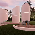 Garden Landscape With Circular Structure Bamboo Leaf Patterns Stone Pavement And Pink Cloud Sky