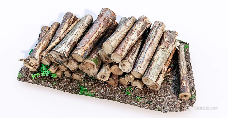 Rustic Stone Wood Logs Stacked With Green Grass On Natural Ground Surface 3d model 