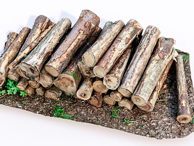 Rustic Stone Wood Logs Stacked With Green Grass On Natural Ground Surface 3d model