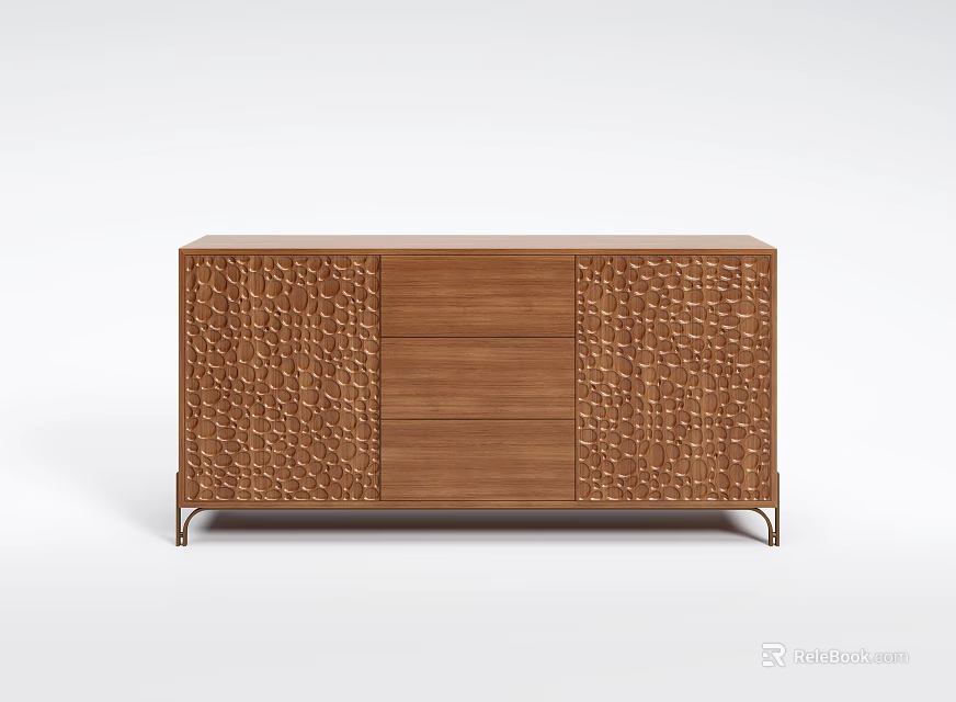 Modern Solid Wood Sideboard Cabinet With Carved Textured Panels And Sleek Metal Support Legs 3d model 