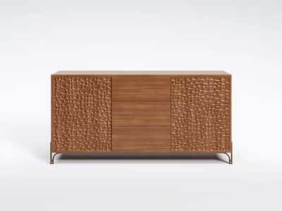 Modern Solid Wood Sideboard Cabinet With Carved Textured Panels And Sleek Metal Support Legs 3d model