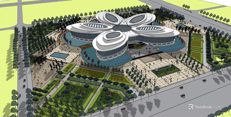 Modern Petal Shaped Architectural Design With Central Plaza And Green Spaces 3d model 