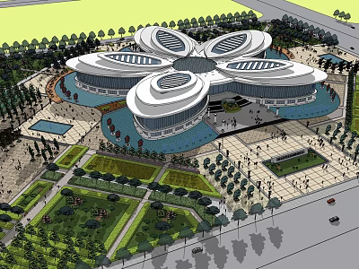 Modern Petal Shaped Architectural Design With Central Plaza And Green Spaces 3d model
