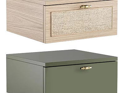 Light Wood and Dark Green Nightstand with Drawer Woven Texture and Gold Handle 3d model