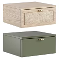 Light Wood and Dark Green Nightstand with Drawer Woven Texture and Gold Handle