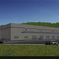 Modern Industrial Factory Building Exterior With Cars People Greenery And Red Accent Lines