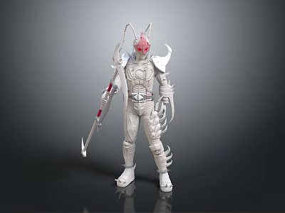 3D Model Of Armored Character With Red Horns White Armor And Weapon 3d model