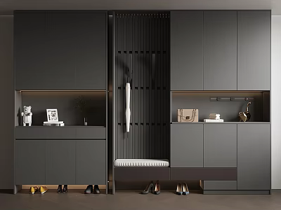Gray Modern Entryway Cabinet Featuring Hanging Area Shoe Storage Photo Frames And Bags 3d model