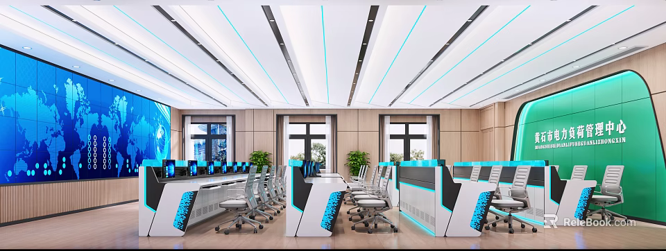 Modern Monitoring Room Interior With Multiple Monitor Screens And Control Desks 3d model 