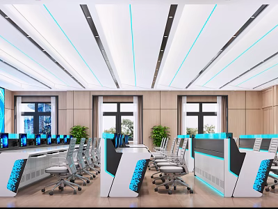 Modern Monitoring Room Interior With Multiple Monitor Screens And Control Desks 3d model