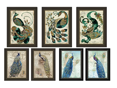 Decorative Peacock Animal Paintings With Framed Art Prints And Feather Details 3d model