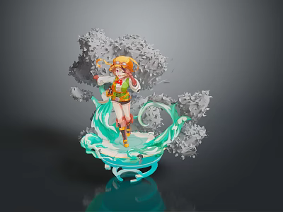 Woman with Orange Hair Standing on Platform Surrounded by Blue Swirling Water and Gray Smoke 3d model