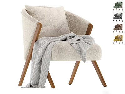 Modern Neutral Upholstered Armchair With Wooden Arms And Gray Throw Blanket 3d model