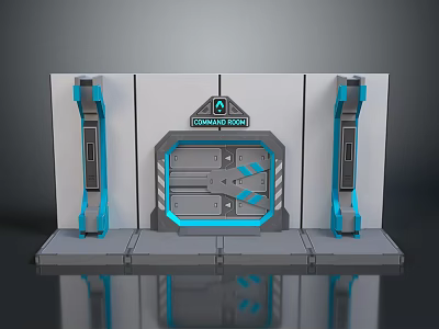 Futuristic Control Room Gate With Blue Vertical Structures And Gray Blue Design 3d model