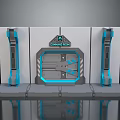 Futuristic Control Room Gate With Blue Vertical Structures And Gray Blue Design 3d model