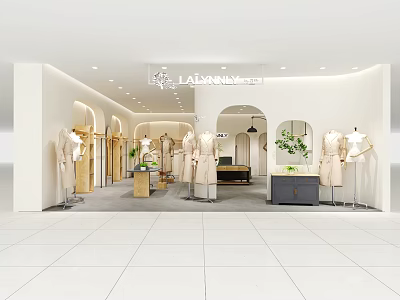 Modern Clothing Store Interior Design With Mannequins Clothing Displays Green Plants And Counter 3d model