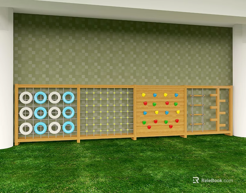 Wooden Playground Equipment With Climbing Circles Rope Net Colorful Hearts And Ladder On Grass Lawn 3d model 