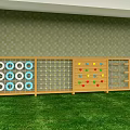 Wooden Playground Equipment With Climbing Circles Rope Net Colorful Hearts And Ladder On Grass Lawn
