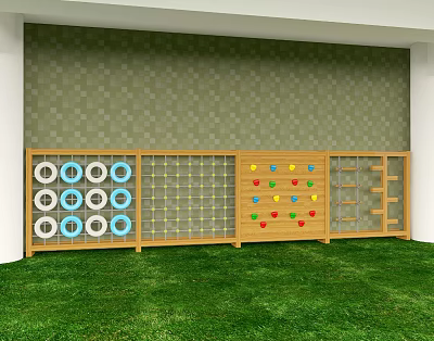 Wooden Playground Equipment With Climbing Circles Rope Net Colorful Hearts And Ladder On Grass Lawn 3d model