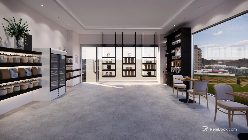 Modern Mall Store Open Space Interior With Shelves Glass Windows Tables And Gray Floor 3d model 