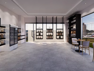 Modern Mall Store Open Space Interior With Shelves Glass Windows Tables And Gray Floor 3d model