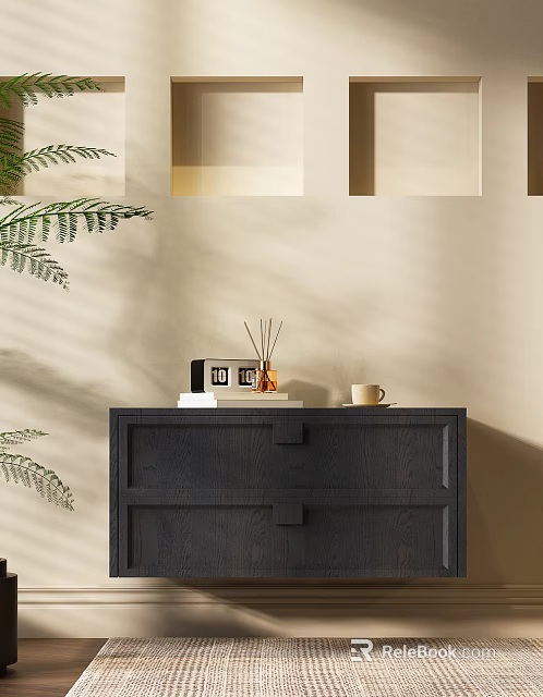Dark Wooden Nightstand With Photo Frame Diffuser Cup Book And Fern Plant In Soft Light 3d model 