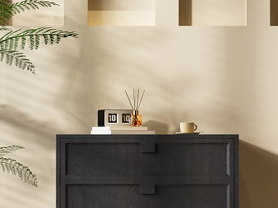 Dark Wooden Nightstand With Photo Frame Diffuser Cup Book And Fern Plant In Soft Light 3d model