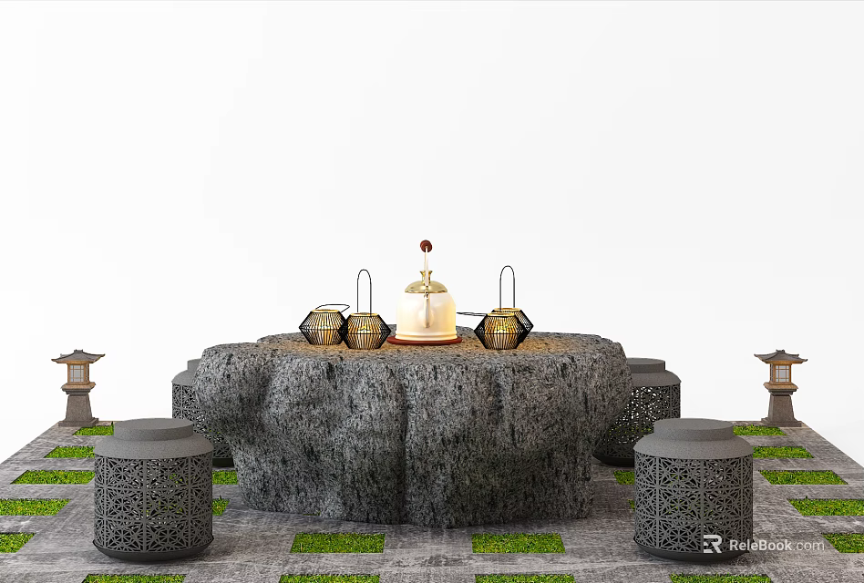 Round Stone Outdoor Table With Teapots Lantern And Decorative Stools On Paved Grass 3d model