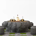 Round Stone Outdoor Table With Teapots Lantern And Decorative Stools On Paved Grass 3d model