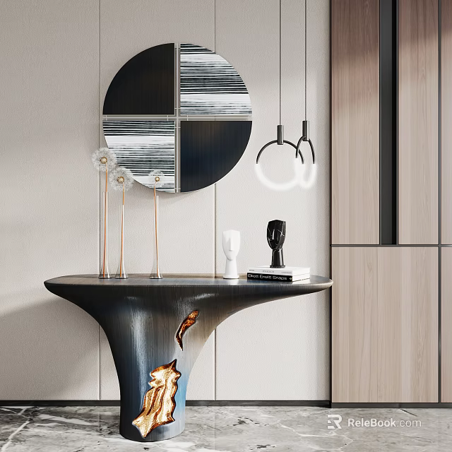 Elegant Modern Console Table with Metal Frame Circular Mirror Decorative Pieces and Pendant Lights 3d model 