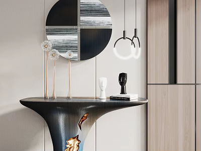 Elegant Modern Console Table with Metal Frame Circular Mirror Decorative Pieces and Pendant Lights 3d model