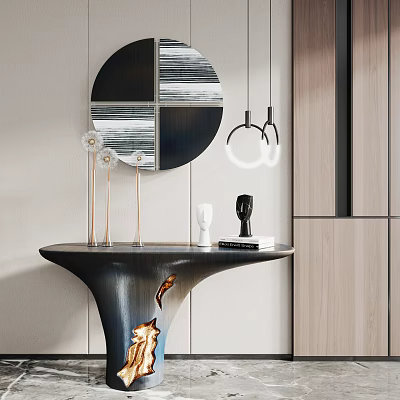 Elegant Modern Console Table with Metal Frame Circular Mirror Decorative Pieces and Pendant Lights 3d model