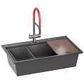 Black Double Bowl Kitchen Sink Featuring Red Faucet Wooden Cutting Board And Metal Drying Rack