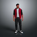Man In Red Black Jacket White T Shirt Black Pants White Sneakers On Grey Background