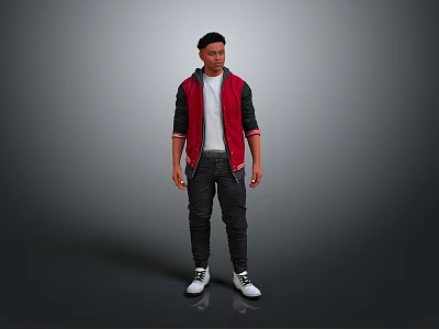 Man In Red Black Jacket White T Shirt Black Pants White Sneakers On Grey Background 3d model