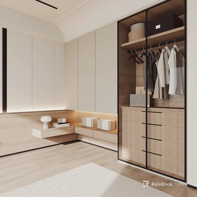 Modern Minimalist Wardrobe Interior With Open Hanging Rod Wooden Drawers And LED Lights 3d model 