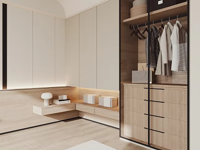 Modern Minimalist Wardrobe Interior With Open Hanging Rod Wooden Drawers And LED Lights 3d model